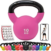 POWRX Kettlebell Hierro Fundido 2-26 kg - Pesa Rusa con Revestimiento de Neopreno - Peso y Color a Elegir + PDF Workout